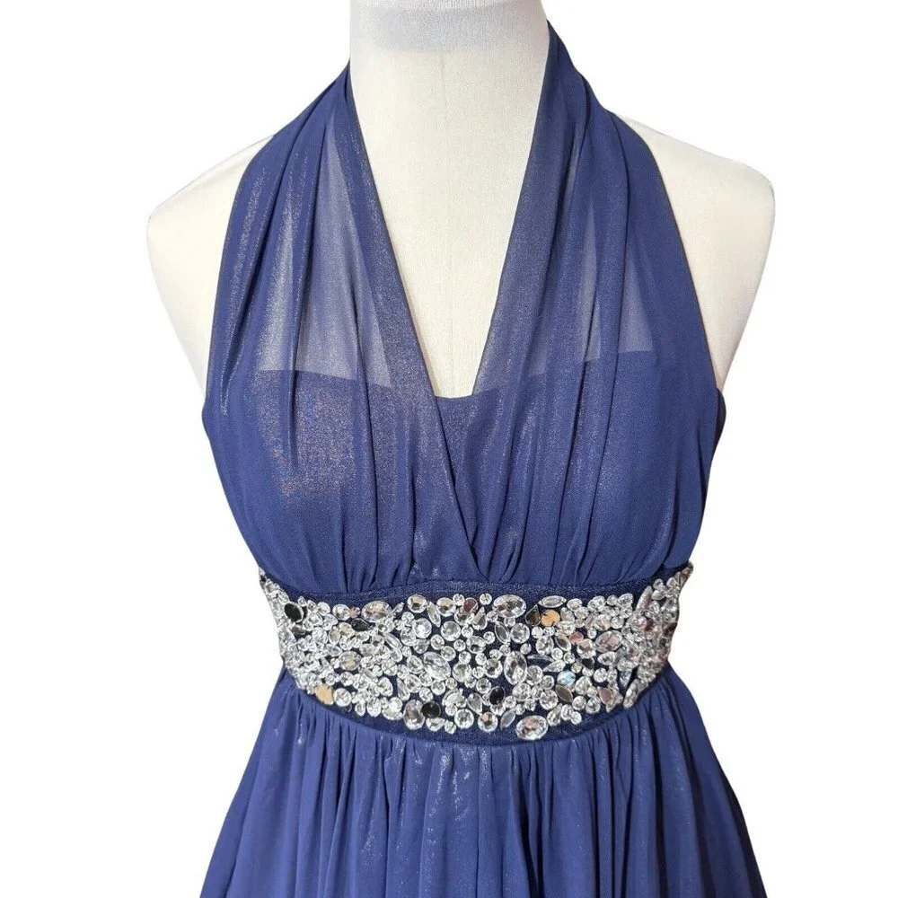 JODI KRISTOPHER Blue Rhinestone Halter Dress Juniors Size 3 Prom Cocktail Party‎ - Picture 3 of 11